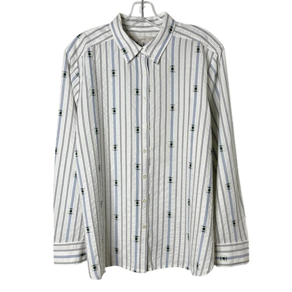 Loft Women's Button Up Shirt L White Striped Art Deco Embroidered 100% Cotton